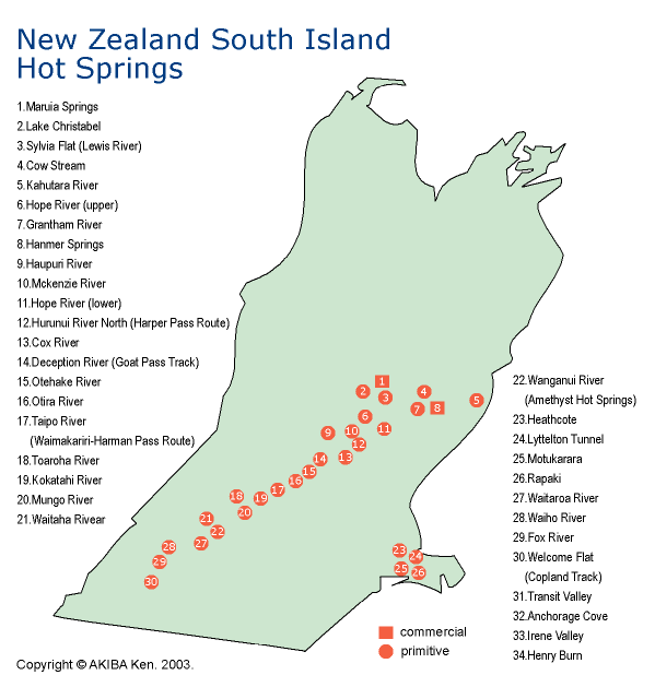 j[W[h쓇ꗗn} / New Zealand South Island Hot Springs map